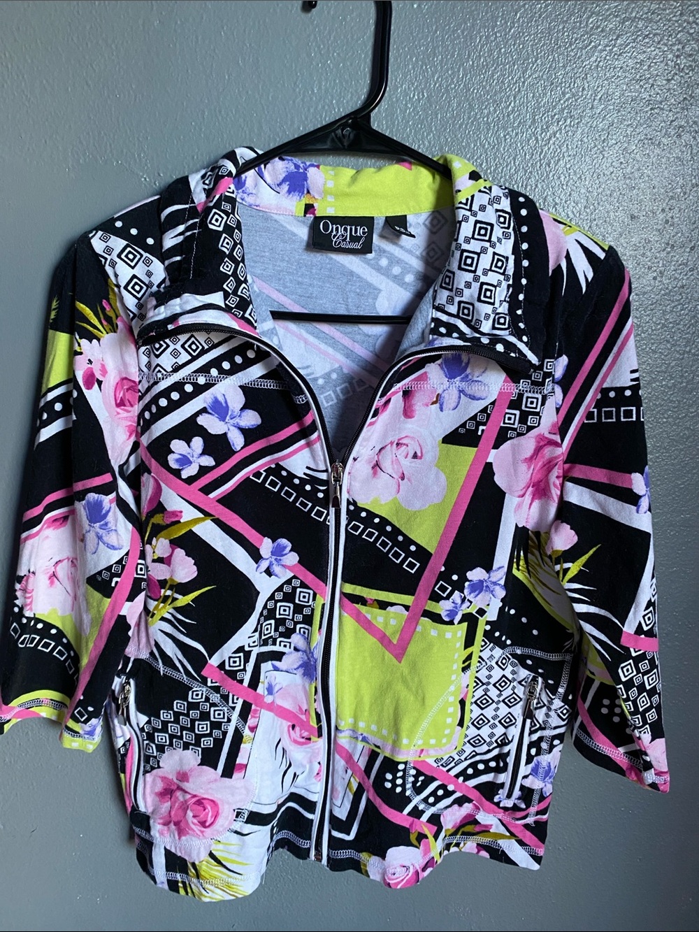 Onque Casuals Black, Pink & Lime Floral Zip Jacket